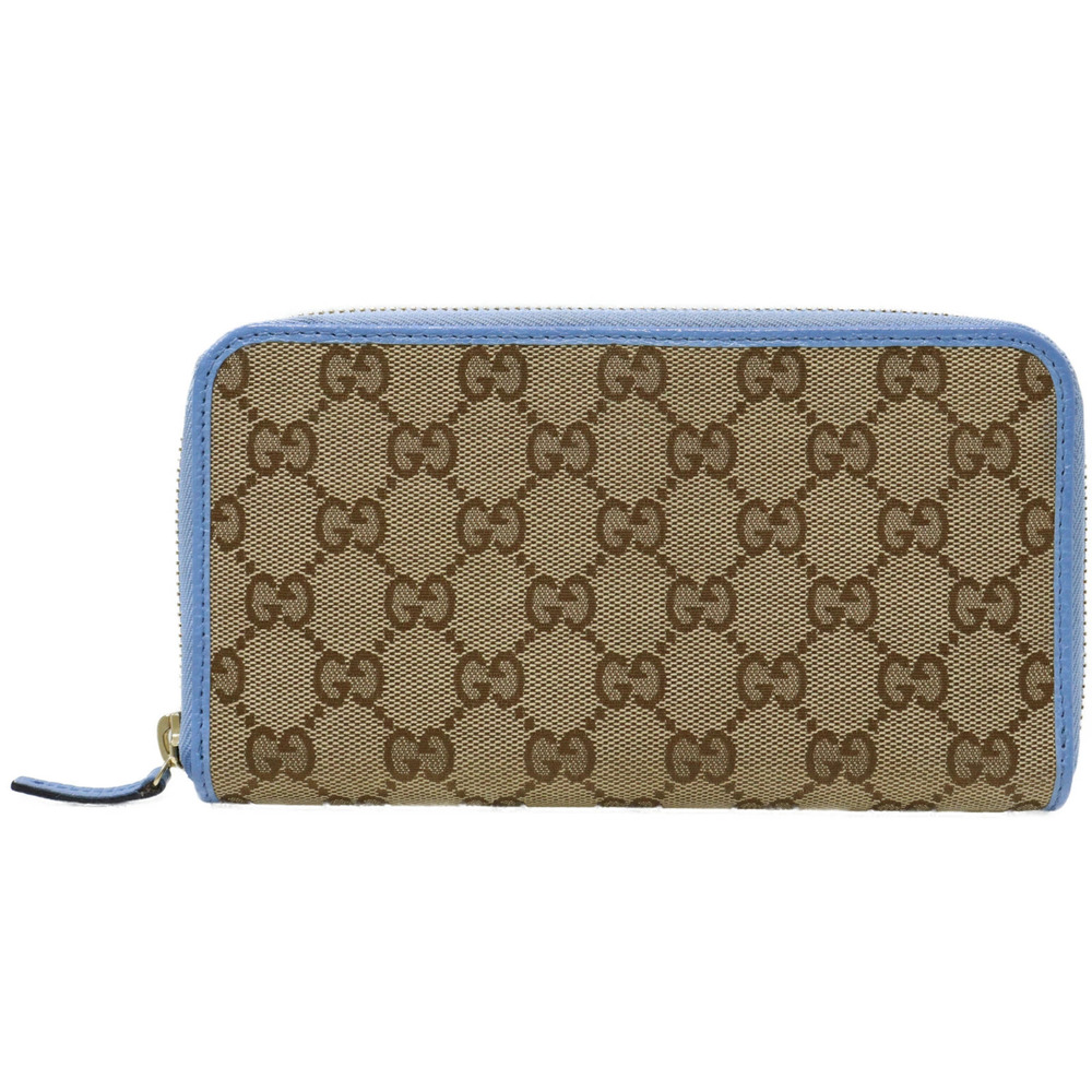 GUCCI Round Zipper Long Wallet GG Canvas Leather Beige Blue